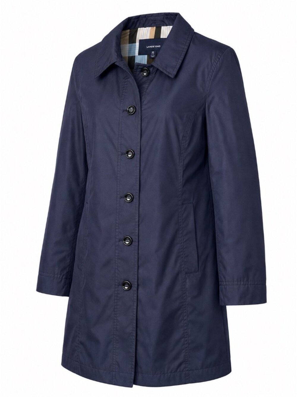 Lands' End Trench Coat Navy Blue Plaid Lined Raincoat Size XS 2-4 Button Pockets